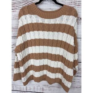 Womens Time & Tru Brown White Striped Pullover Crewneck Cable Knit Sweater XXL